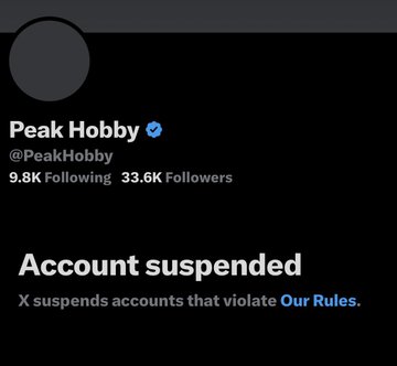 An X (formerly Twitter) profile page for 'Peak Hobby' (@PeakHobby) showing 9.8K Following and 33.6K Followers, with a message that the account has been suspended for violating rules.