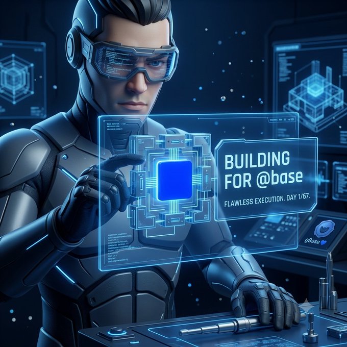 A futuristic digital illustration of a man in tactical gear and VR goggles interacting with a holographic display reading 'BUILDING FOR @base FLAWLESS EXECUTION. DAY 1/67.'