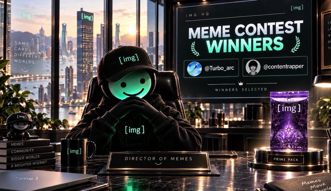 A digitally created scene of a 'MEME CONTEST WINNERS' announcement showing a character with a smiling emoji mask at a desk labeled 'DIRECTOR OF MEMES', with winners '@Turbo_arc' and '@contentrapper' displayed.