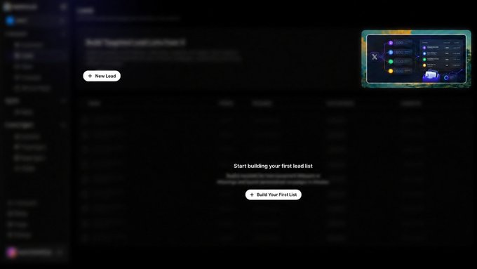 A dark-themed software interface shows a '+ New Lead' button and text reading 'Start building your first lead list' with a 'Build Your First List' button.