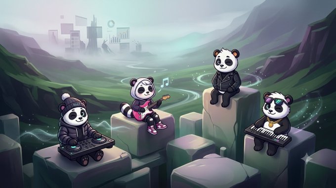 Four animated pandas dressed in edgy streetwear form a band in a misty, futuristic valley—one plays a turntable, another strums a guitar, a third sits quietly with a keyboard, and the fourth wears sunglasses—suggesting that when the Web3 hype fades, only the genuine creators and musicians remain to play their instruments in the silence.