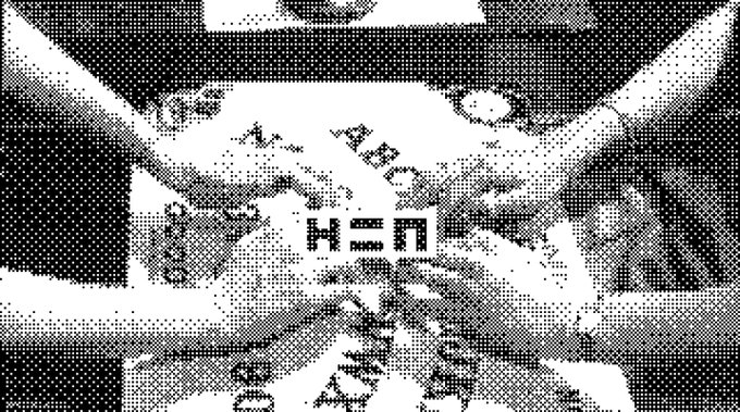 A black and white halftone-styled image featuring the 'ARTO/HΣN' logo overlaid on a scene of hands holding objects.