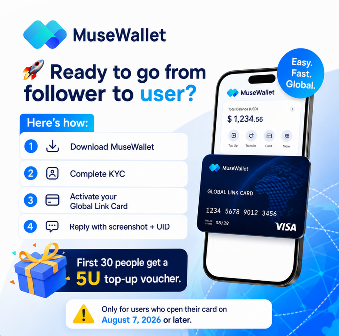 A promotional graphic for MuseWallet with the tagline "Ready to go from follower to user?" showing a 4-step process (Download MuseWallet, Complete KYC, Activate your Global Link Card, Reply with screenshot + UID) and a Visa Global Link Card on a phone, offering a 5U top-up voucher to the first 30 people who open their card on August 7, 2026 or later.