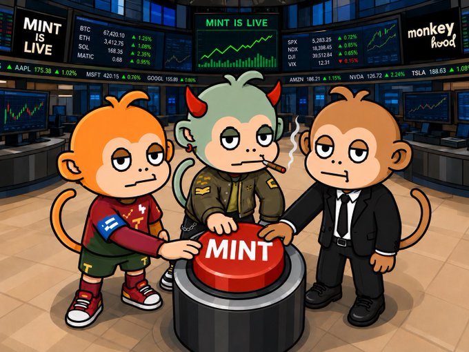 Three cartoon monkeys stand around a large red "MINT" button in a stock-trading-style room with screens displaying "MINT IS LIVE" and the "monkeyhood" logo, illustrating the launch of the MonkeyHood NFT mint with crypto tickers like BTC, ETH, SOL, and MATIC visible on surrounding monitors.
