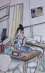 An anime-style illustration of a young woman sitting at a cluttered desk talking on a phone, with a black cat nearby.