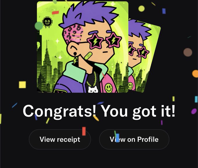 A digital notification screen displaying 'Congrats! You got it!' with two cartoon-style profile cards featuring a character with purple hair and star-shaped sunglasses, alongside 'View receipt' and 'View on Profile' buttons.