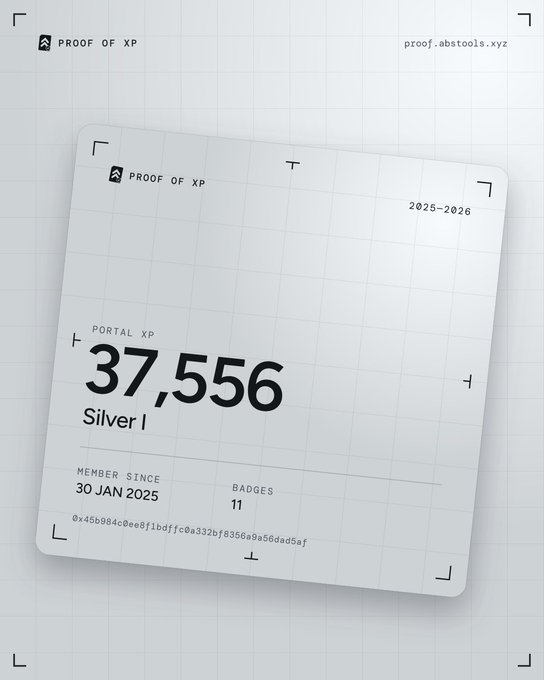 A digital "Proof of XP" card displays a Portal XP of 37,556 with a Silver I rank, showing a member since date of 30 JAN 2025 and 11 badges for the 2025-2026 period.