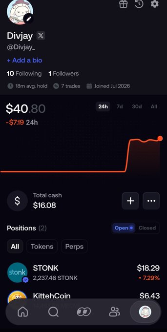 A screenshot of a trading portfolio app showing username "Divjay" with holdings in STONK (+7.29%, $18.29) and KittehCoin ($6.43), with total cash of $16.08.