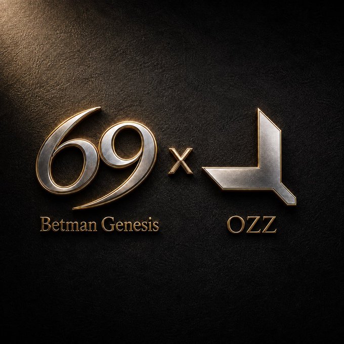 A stylized 3D logo design showing '69 x' with text 'Betman Genesis' below it and 'OZZ' next to a metallic arrow-like symbol on a dark textured background.