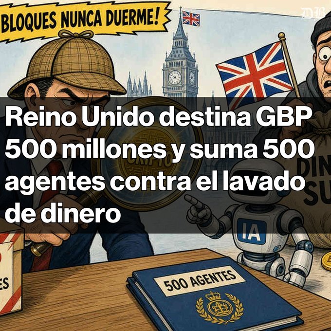 An illustration depicting a detective with a magnifying glass, Big Ben, a British flag, money bags, and a robot labeled "IA", with Spanish text reading "Reino Unido destina GBP 500 millones y suma 500 agentes contra el lavado de dinero" and a folder labeled "500 AGENTES".
