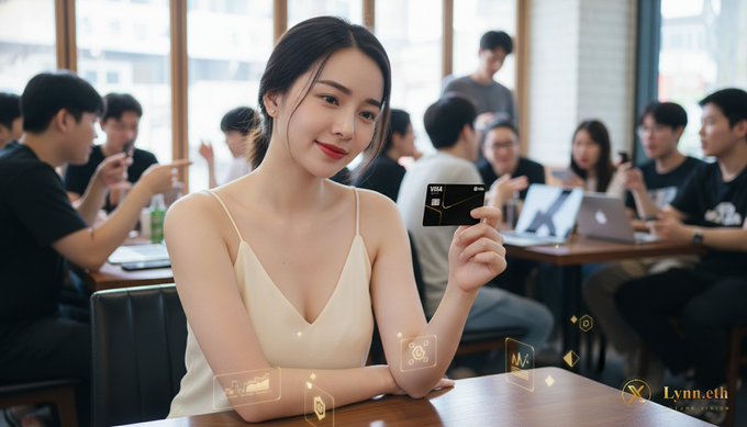 The image features a group of people gathered together at a restaurant. A woman wearing a white top can be seen holding up a black plastic credit card with gold designs against the backdrop of the scene. The rest of the patrons are also visible, engaged in conversation or enjoying their meals. One person appears to be operating an iPad, suggesting that technology is present in this gathering.