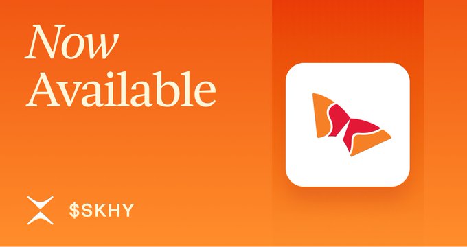 An orange promotional graphic with 'Now Available' text alongside the token name '$SKHY' and its red bowtie-like logo.