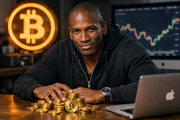 A confident man sits at a desk surrounded by stacked gold Bitcoin coins, a glowing Bitcoin logo, and a laptop displaying a rising crypto chart, illustrating the post's message about capital flowing into crypto regardless of regulatory developments like the CLARITY Act.