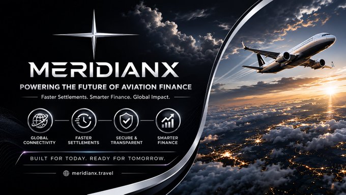 A Meridian advertisement banner reads 'POWERING THE FUTURE OF AVIATION FINANCE' with a plane flying over a city skyline at sunset.