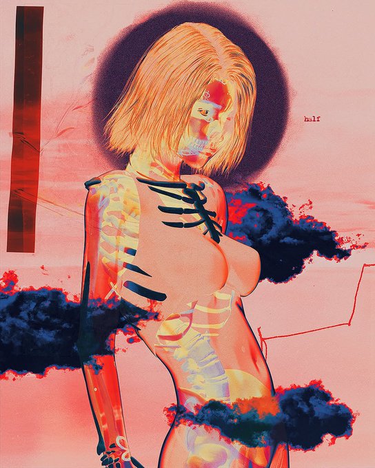 The image features a woman with a skeleton-like body, wearing a pink dress that stands out against her skin tone. She has blonde hair styled in an updo. The background of the image is a gradient of colors transitioning from red at the top to purple at the bottom, creating a visually striking effect. The caption "GM World." suggests that this artwork might be related to a GM World-themed event or exhibition.