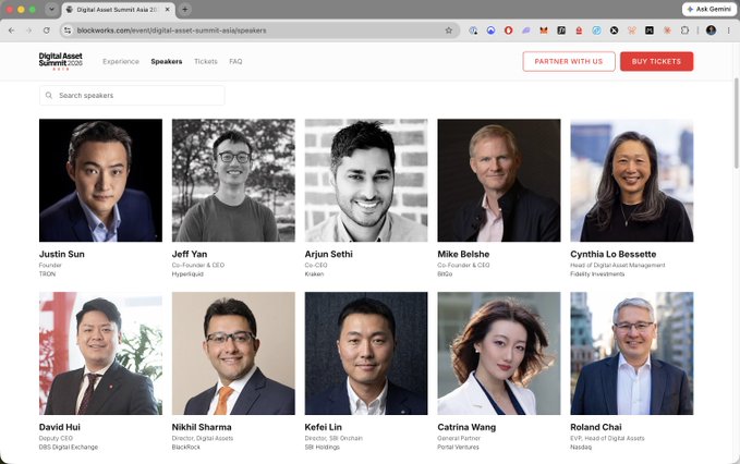 A Digital Asset Summit 2020 speakers webpage displays portraits and names including Justin Sun, Jeff Yan, Arjun Sethi, Mike Belshe, Cynthia Lo Bessette, David Hui, Nikhil Sharma, Kefel Lin, Catrina Wang, and Roland Chai, with “PARTNER WITH US” and “BUY TICKETS” buttons.