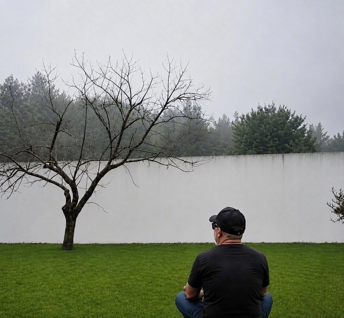A man in a black cap and t-shirt sits on green grass, gazing across a fog-covered lake toward a bare tree and distant evergreen forest.