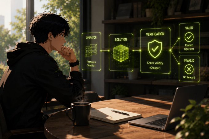 An anime-style illustration of a young man thinking at a desk with a coffee mug, alongside a flowchart diagram showing Operator, Solution, Verification, Valid, and Invalid nodes for a Cheaper blockchain network.