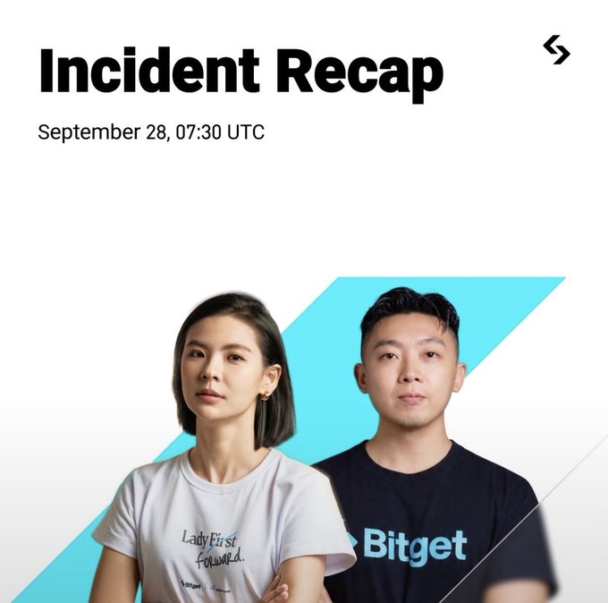 An 'Incident Recap' from September 28, 07:30 UTC, showing two people - a woman in a 'Lady First focused' t-shirt and a man in a 'Bitget' t-shirt.