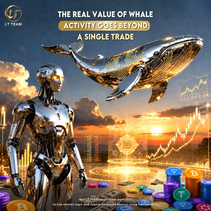 A metallic humanoid figure stands beside a futuristic robotic whale soaring over a sunset-lit crypto landscape filled with candlestick charts, trading interfaces, and stacks of coins bearing symbols like Bitcoin (B), Tether (T), and Tron. The image is headlined "THE REAL VALUE OF WHALE ACTIVITY GOES BEYOND A SINGLE TRADE" by LT Team, visually reinforcing the post's message that large capital movements reflect deeper market sentiment, liquidity shifts, and long-term capital allocation rather than isolated transactions.