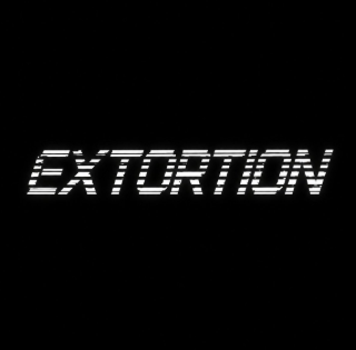 The image displays the word "EXTORTION" in bold, distressed white lettering against a stark black background, visually amplifying the post's argument that crypto transaction fees and taxes amount to excessive financial exploitation of crypto users.