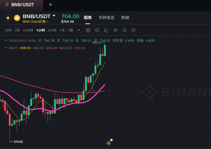 A candlestick chart on the Binance platform displays the BNB/USDT trading pair priced at $704.00, with a 0.45% increase and 0.60% amplitude, featuring moving averages MA(7) at 698.83, MA(20) at 692.04, and MA(120) at 690.06 as of 2026/09/03.