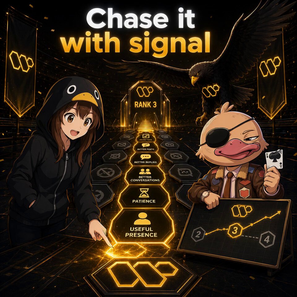 The image features two cartoon characters standing in front of a black background with yellow lines, which appear to be part of a game or puzzle. One character is wearing a hoodie while the other has a bird costume. The text "Chase it with signal" and "Rank 3" are visible on the image as well. The post seems to be discussing a game that involves climbing up a ladder in order to reach the next level, where players can gain points or ranks based on their performance.