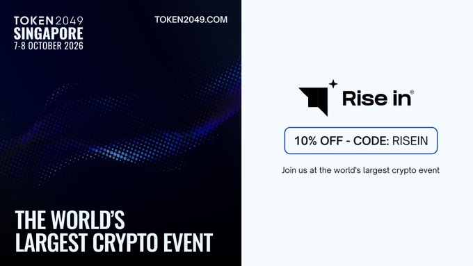 Promotional banner for TOKEN2049 Singapore (7-8 October 2026), "The World's Largest Crypto Event," offering 10% off with code RISEIN via Rise In.