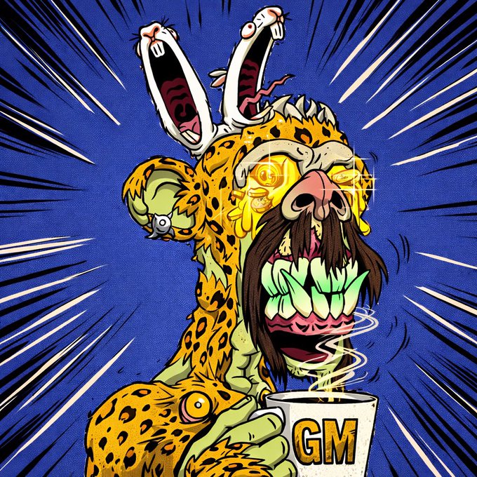 A vibrant, psychedelic cartoon illustration of a multi-eyed, mustache-wearing cheetah in a leopard-print coat drinking from a mug labeled 'GM', with rabbit ears emerging from its head against a radiating blue background.