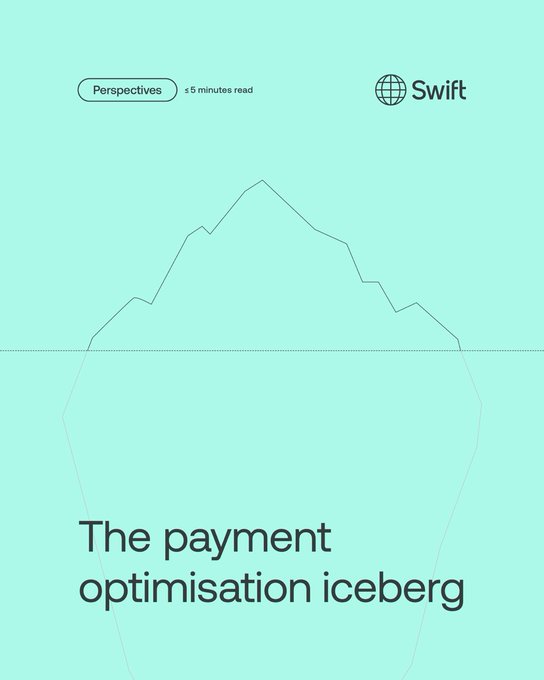 The image shows a Swift-branded article cover titled "The payment optimisation iceberg" with a "Perspectives" tag indicating a 5-minute read, featuring an iceberg diagram on a mint green background. The accompanying caption plays on Swift's historical rivalry with Ripple (XRP), suggesting that even an article about payment optimisation—presented as an iceberg with hidden depths—is essentially a veiled dig at XRP's slower, costlier cross-border payment technology.