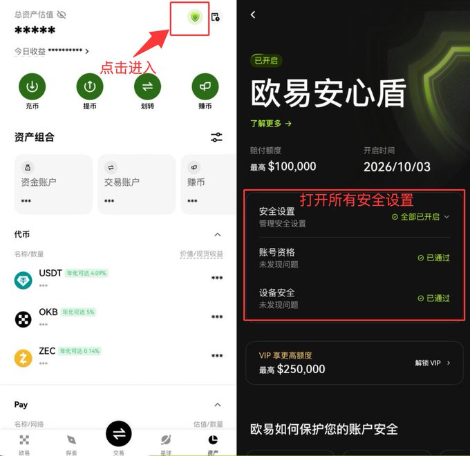 Screenshots of the OKX cryptocurrency app interface in Chinese, with red annotations pointing to the security shield icon (点击进入) and highlighting safety settings (打开所有安全设置) for the '欧易安心盾' feature.