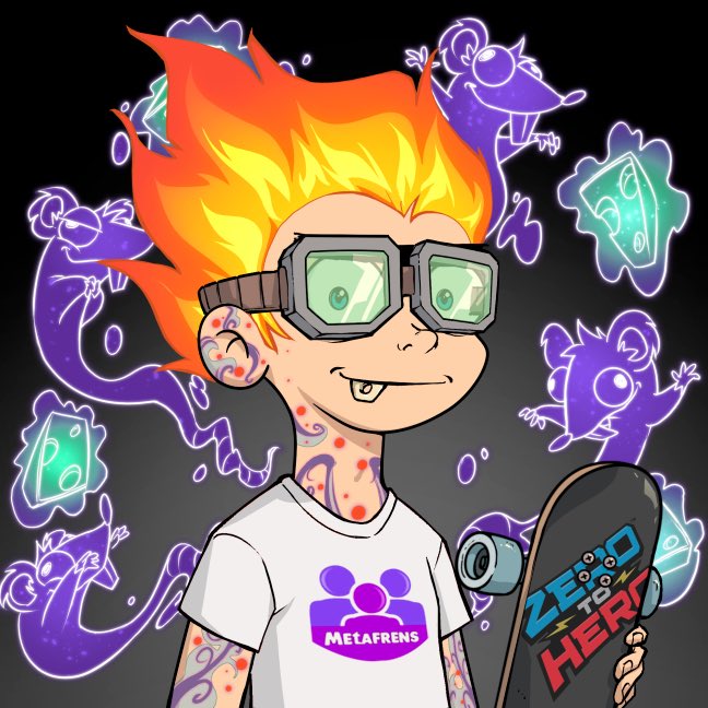 A young punk character with fire hair and goggles in a t-shirt with the "Metafrens" logo holds a skateboard that reads "ZERO TO HERO." This image relates to the post by visually representing the "@Metafrens01" community mentioned in the text.