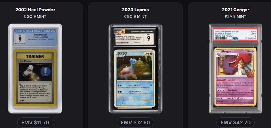 Three graded Pokémon trading cards displayed: '2002 Heal Powder' CGC 9 Mint at FMV $11.70, '2023 Lapras' CGC 9 Mint at FMV $12.60, and '2021 Gengar' PSA 9 Mint at FMV $42.70.
