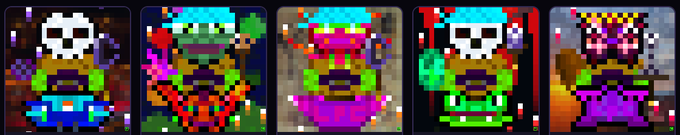 Five pixel-art portraits of a skeletal character with glowing eyes, each rendered in a different vivid color palette.