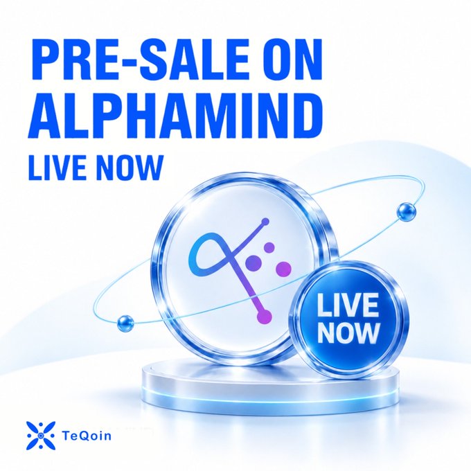 The image is a promotional graphic announcing that the pre-sale for AlphaMind is live now, featuring the TeQoin logo and an "Alphamind" branded emblem with atomic-style orbiting rings, alongside a blue "LIVE NOW" badge. The Arabic post discusses the user's participation in the AlphaMind token sale hosted on TeQoin's IDO platform, highlighting it as a Layer 2 project built on Aptos (Aptimistic), which directly ties to the "Pre-Sale on Alphamind Live Now" announcement shown in the image.