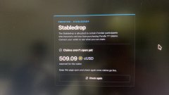 A digital purchase interface shows a 'Stabledrop' offer to claim a 'PROFILE' NFT for 509.09 USDC, with a 'Claim again' button at the bottom.