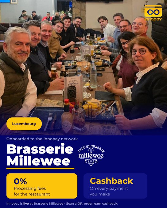 Innopay promotional post announcing Brasserie Millewee in Luxembourg has joined the innopay network, offering 0% processing fees for the restaurant and cashback on customer payments.