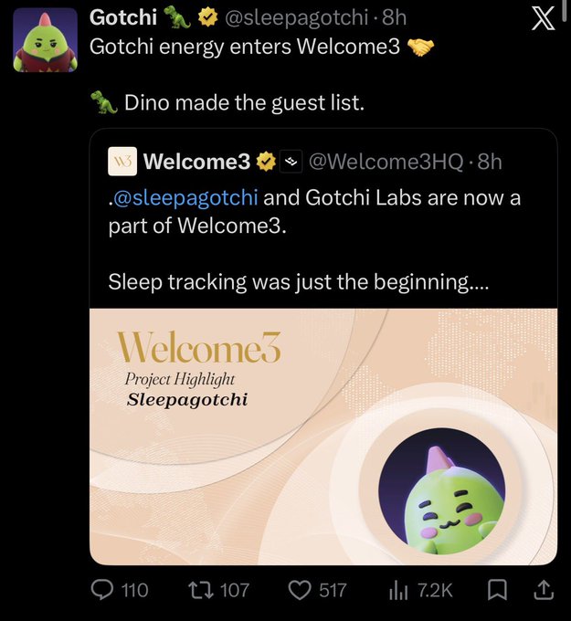 An X (formerly Twitter) post by "Gotchi @sleepagotchi" announcing a partnership with "Welcome3 @Welcome3HQ", featuring a promotional image labeled "Welcome3 Project Highlight Sleepagotchi".