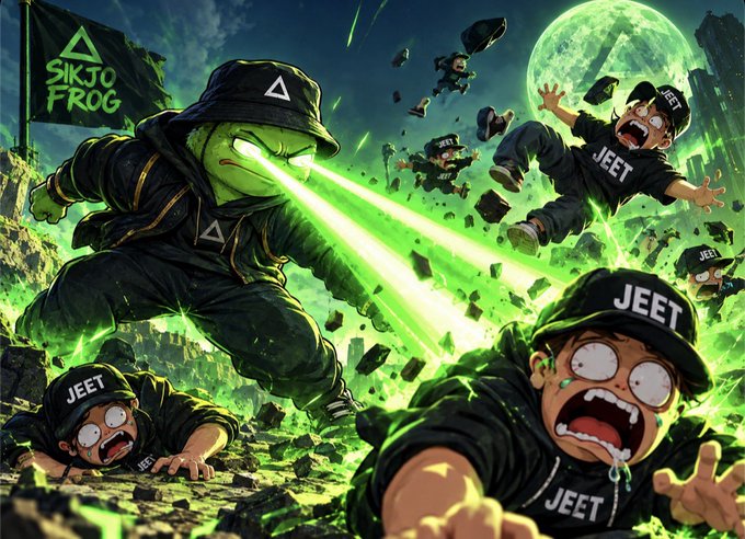 A vibrant digital illustration depicts a green frog character in a 'SIKJO FROG' hat firing green laser beams, while figures in 'JEET' hoodies are thrown into the air.