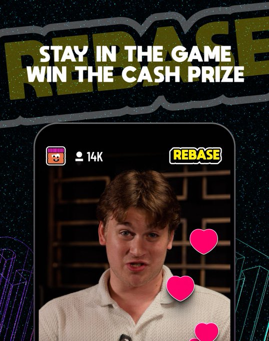 A promotional graphic for 'REBASE' reading 'STAY IN THE GAME WIN THE CASH PRIZE' shows a young man speaking with 14K viewers, pink heart reactions floating around, and a dark background with neon line drawings.