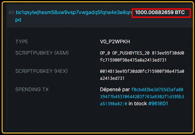 A cryptocurrency transaction record showing a balance of 1000.00882659 BTC for a V0_P2WPKH address, already spent in block #961601.