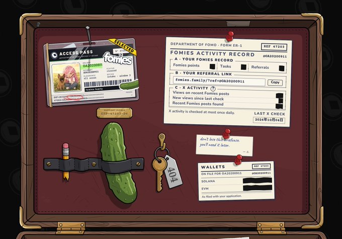 An illustrated briefcase corkboard displays a 'FOMIES ACTIVITY RECORD' from the 'DEPARTMENT OF FOMO - FORM ER-1', featuring an access pass with a pink-haired character, a referral link, wallet details for Solana and EVM, and a pickle strapped to it.