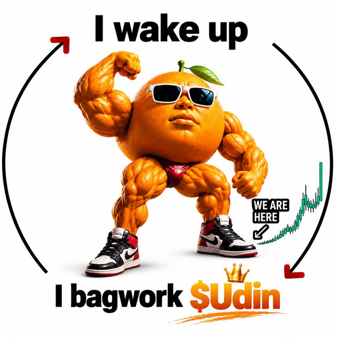 Meme image of a muscular anthropomorphic orange wearing sunglasses, underwear, and sneakers, captioned "I wake up / I bagwork $Udin" with a chart showing "WE ARE HERE."