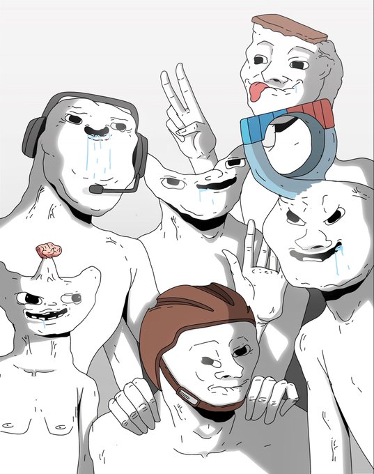 The image features a group of crudely drawn "brainlet" wojak-style meme characters with various expressions of sadness, tears, and mockery, some wearing headsets and making peace signs. The caption references the "$BRAINLET" token and "bungalow under construction" on memetics.wtf, matching the meme's association with the brainlet/wojak internet culture used to promote the crypto project.