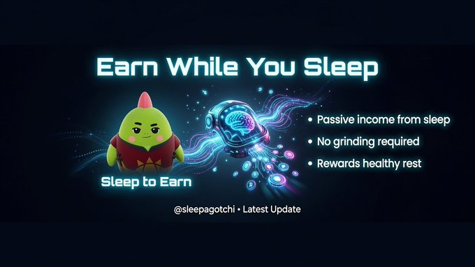 A promotional graphic with the text 'Earn While You Sleep' featuring a cartoon green character labeled 'Sleep to Earn', an AI brain illustration, and bullet points: 'Passive income from sleep', 'No grinding required', and 'Rewards healthy rest', with '@sleepagotchi • Latest Update' at the bottom.