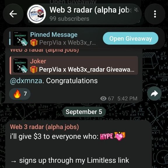 A Telegram channel called "Web 3 radar (alpha jobs)" with 99 subscribers displays a pinned message from "Joker" announcing a giveaway winner @dxmnza, and a post offering $3 to anyone who signs up through their Limitless link.