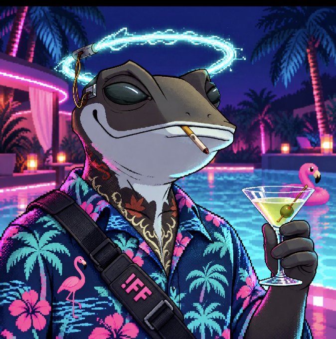 A stylized illustration of a frog wearing sunglasses, a flaming halo, and a Hawaiian shirt, holding a martini by a pool.