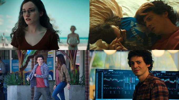 A collage shows four characters in scenes from a Netflix drama, including two men at a trading-computer setup and a couple shown together. It illustrates casting comparisons for *The Altruists*, a film about the FTX collapse, with the post noting that the actors’ resemblance to Caroline Ellison and Sam Bankman-Fried looks convincing.