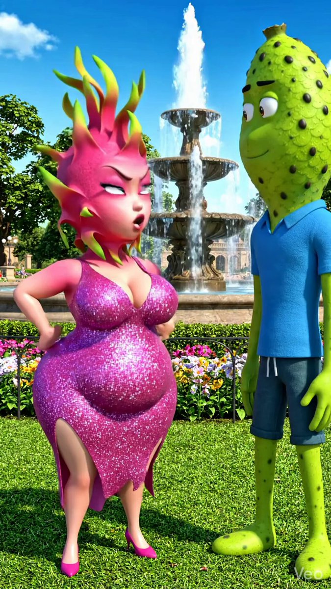 The image features a pink-haired woman dressed in a sparkly dress standing next to a man wearing green shorts and a blue shirt. They are both facing away from the camera, with the woman's hair styled in spikes and the man's hair appearing spiky as well. The background includes a fountain and some flowers, creating an interesting contrast between the natural elements and the digital illustration of the characters.