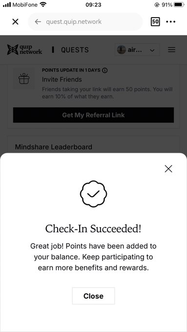 The image shows an iPhone screen displaying a Quip network page, which has a check-in button with a success message at the bottom of the screen. The text "Check-In Success!" indicates that the user's check-in was successful. The background of the image is white and beige colors.